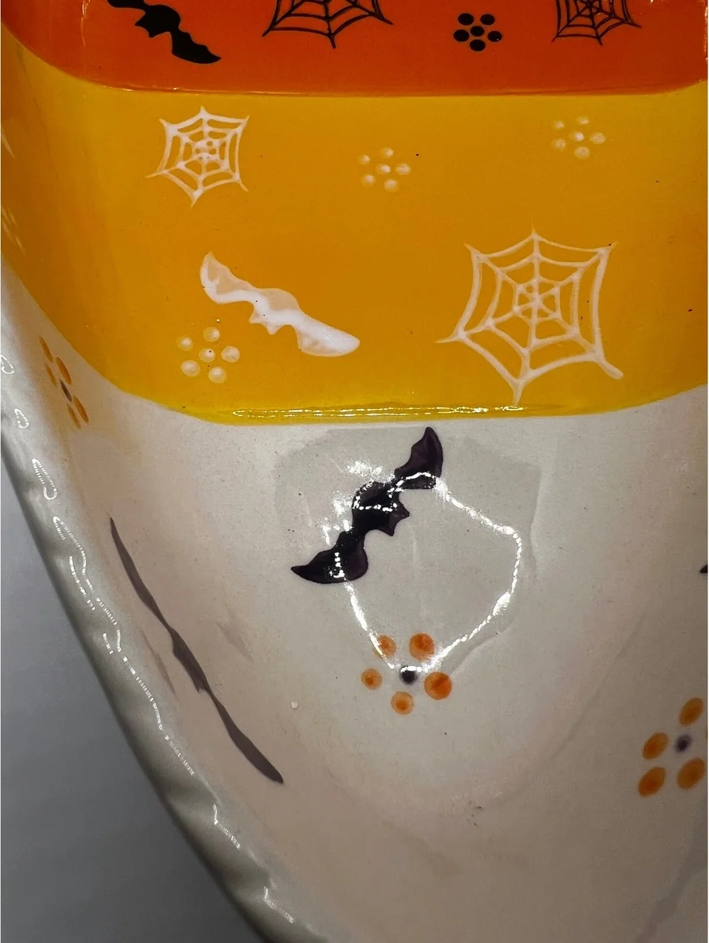 Large 11” Halloween Candy Corn Ceramic Dish Bat Spiderweb Temp-tations Tara